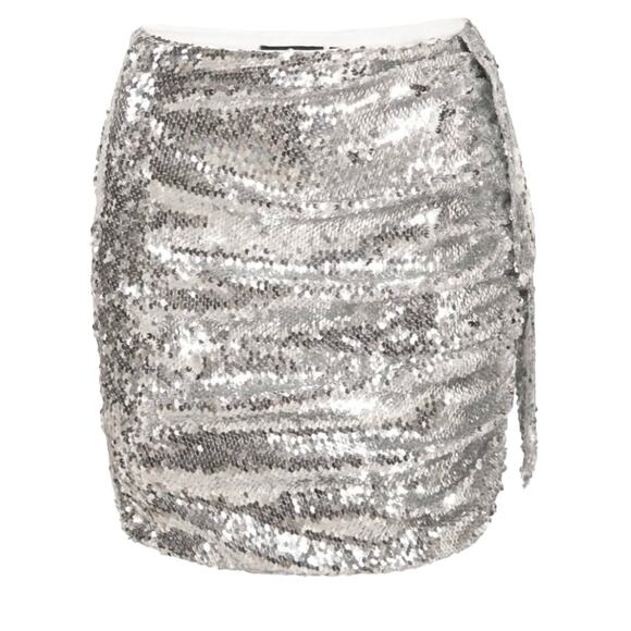 Sequin Micro Mini Skirt Silver Size 12 Ruched Metallic OW Collection $128 NEW - Picture 5 of 11